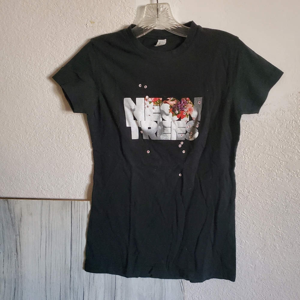Neon Trees Short Sleeve Cotton Graphic Black Tshirt Women's Cut Med